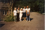 Old friends in the courtyard. Valerie, husband Roy, Jonathan with Digby & house guests Miss Kilsby & Miss Adams from Surrey in sunny courtyard l978.......and spot the Benedictine monks on the old road just behind us!!