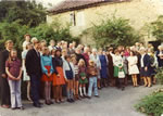 The Bishop of Bath & Wells, Dr. Henderson, & full group, outside the cottages at The Mead, for tea after service marking the raising of £3,000 for St. Catherine's Church Restoration Fund in 1975.