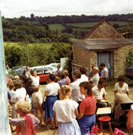 QUEENS SILVER JUBILEE PLOUGHMANS LUNCH AT SANDYBANK July 1977 opposite THE MEAD (in background with Valley view). 120 attended, Jonathan was Parish Chairman and Lady Craig Myle presented.